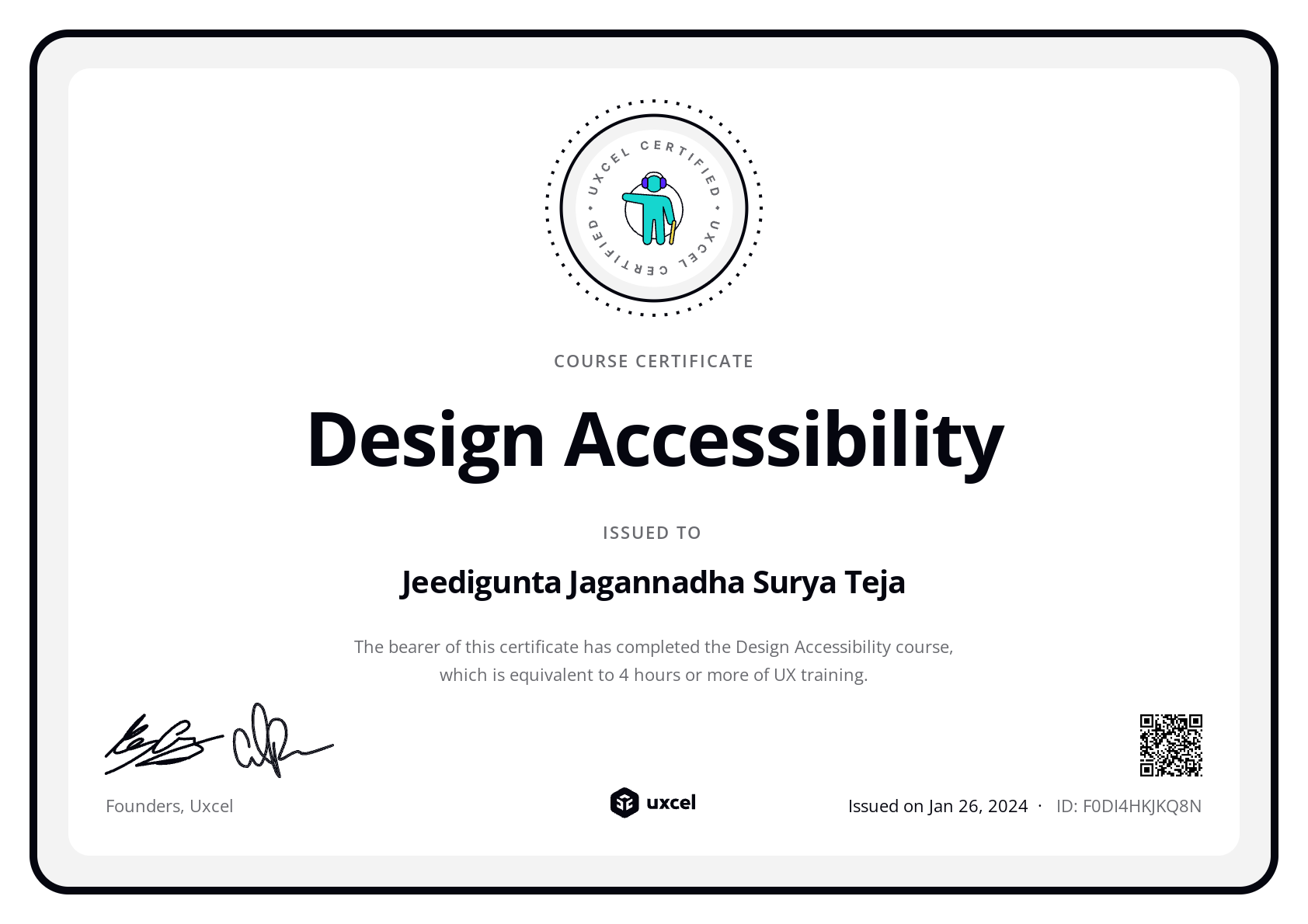 Jeedigunta Jagannadha Surya Teja's certificate